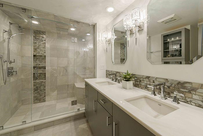 transitional and modern bath